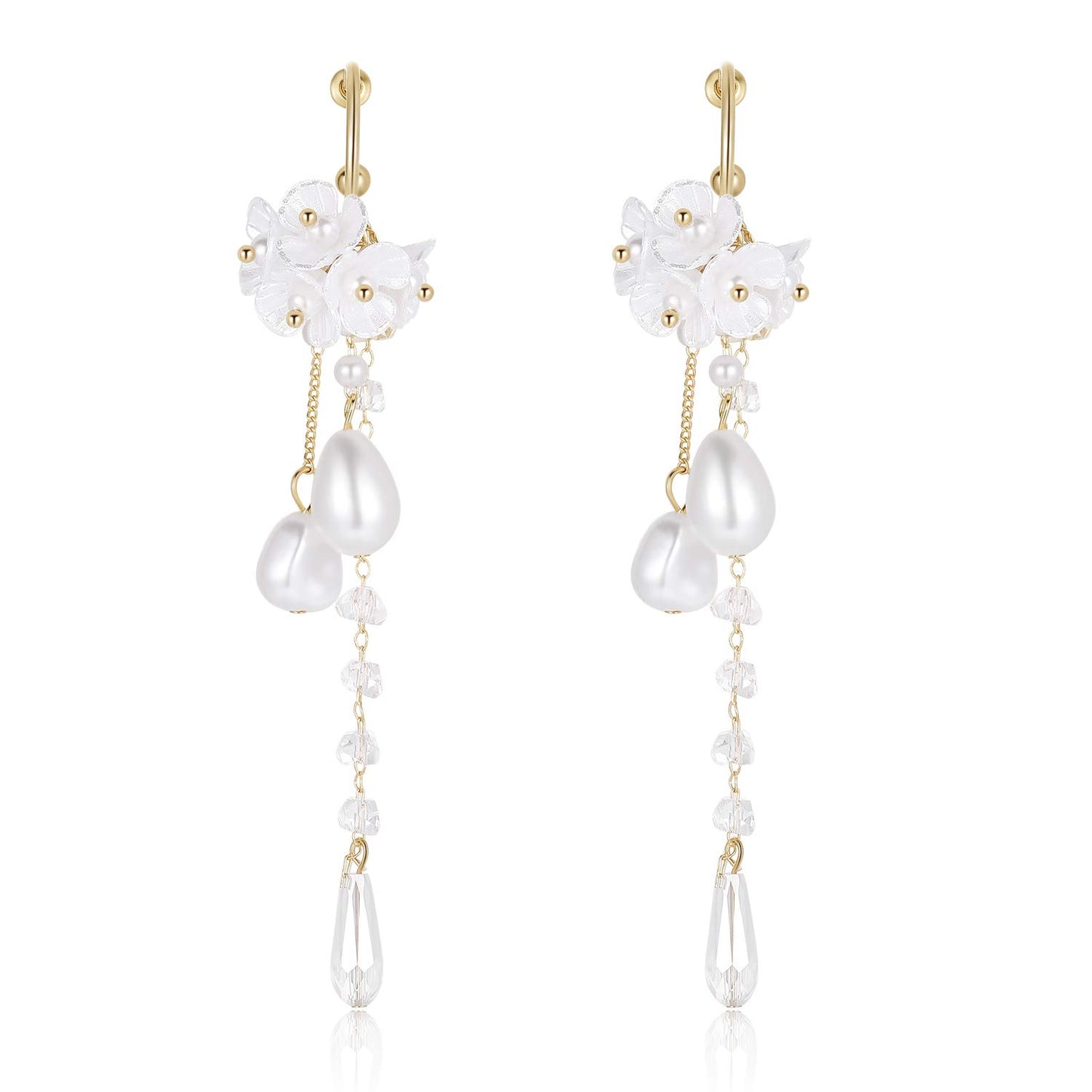 KRUCKEL Peach Blossom Dangle Earrings Jewelry | Golden Stud White Pressed Flower Drop Pierced Earring Gift for Women and Teen Girls - 7079161