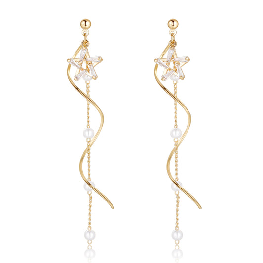 Kruckel Gold Earrings for Women Long Drop Dangle Rhinestone Crystals New Year Star Lightweight Stud Homecoming Jewelry Wedding Bridal Birthday Gift