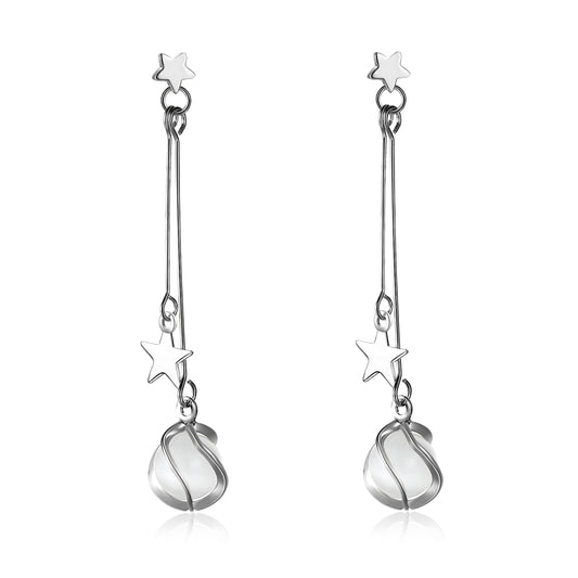 Kruckel Silver Earrings for Women, Trendy and Cute, 3" Moon and Star Dangling Design, I'm always be with you, Shine at New Year Ball Wedding Party, Great Birthday Gift