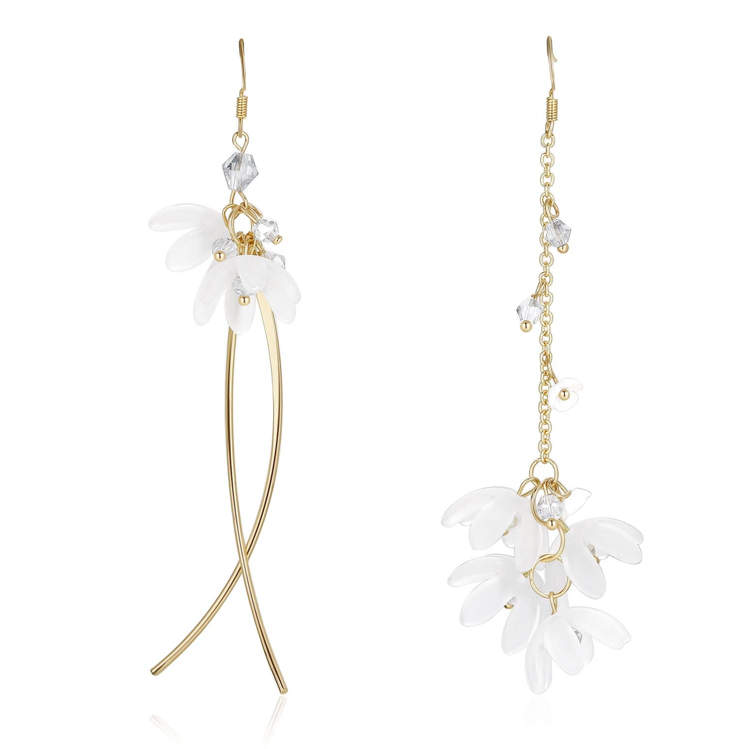 Kruckel Flower Blossom Mismatched Long Drop Dangling Earrings - Sparkly Golden Studs, Lightweight Jewelry for Women, Easy - Wear Fashion Design Accesory Packed with Durable Jewelry Box