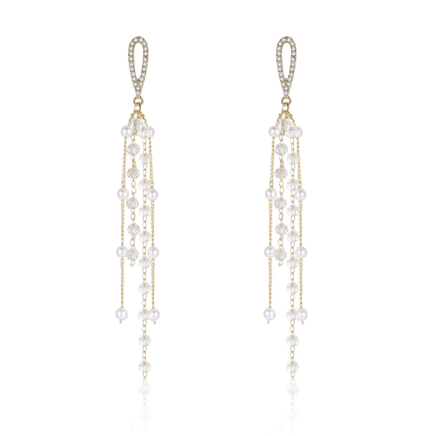 Kruckel Waterfall Earring - Spring-Inspired Dangle Women Jewelry, Golden Studs with Clear Sparkly Pearl Long Drops, Easy - Wear Fashion Design Accessory Packed with Durable Jewelry Box