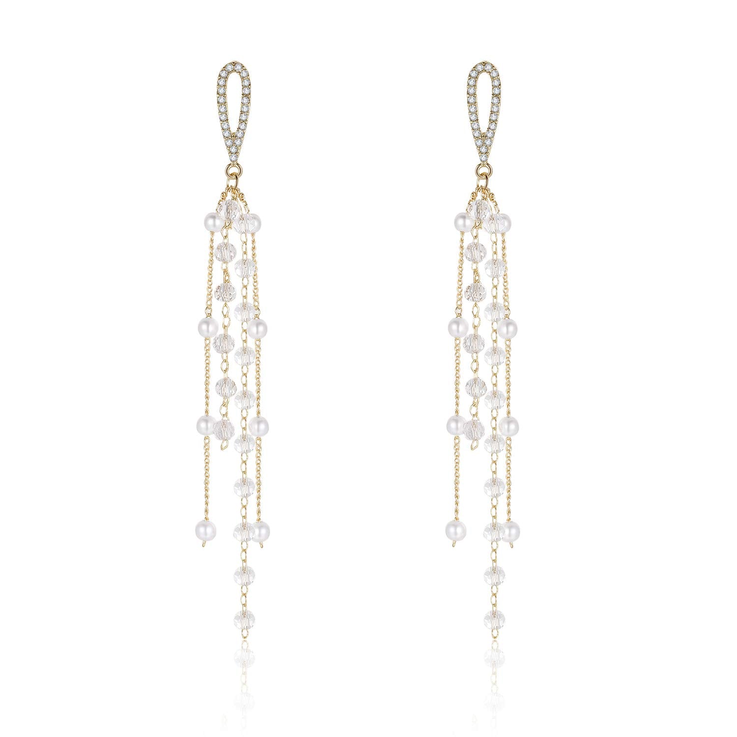 Kruckel Waterfall Earring - Spring-Inspired Dangle Women Jewelry, Golden Studs with Clear Sparkly Pearl Long Drops, Easy - Wear Fashion Design Accessory Packed with Durable Jewelry Box