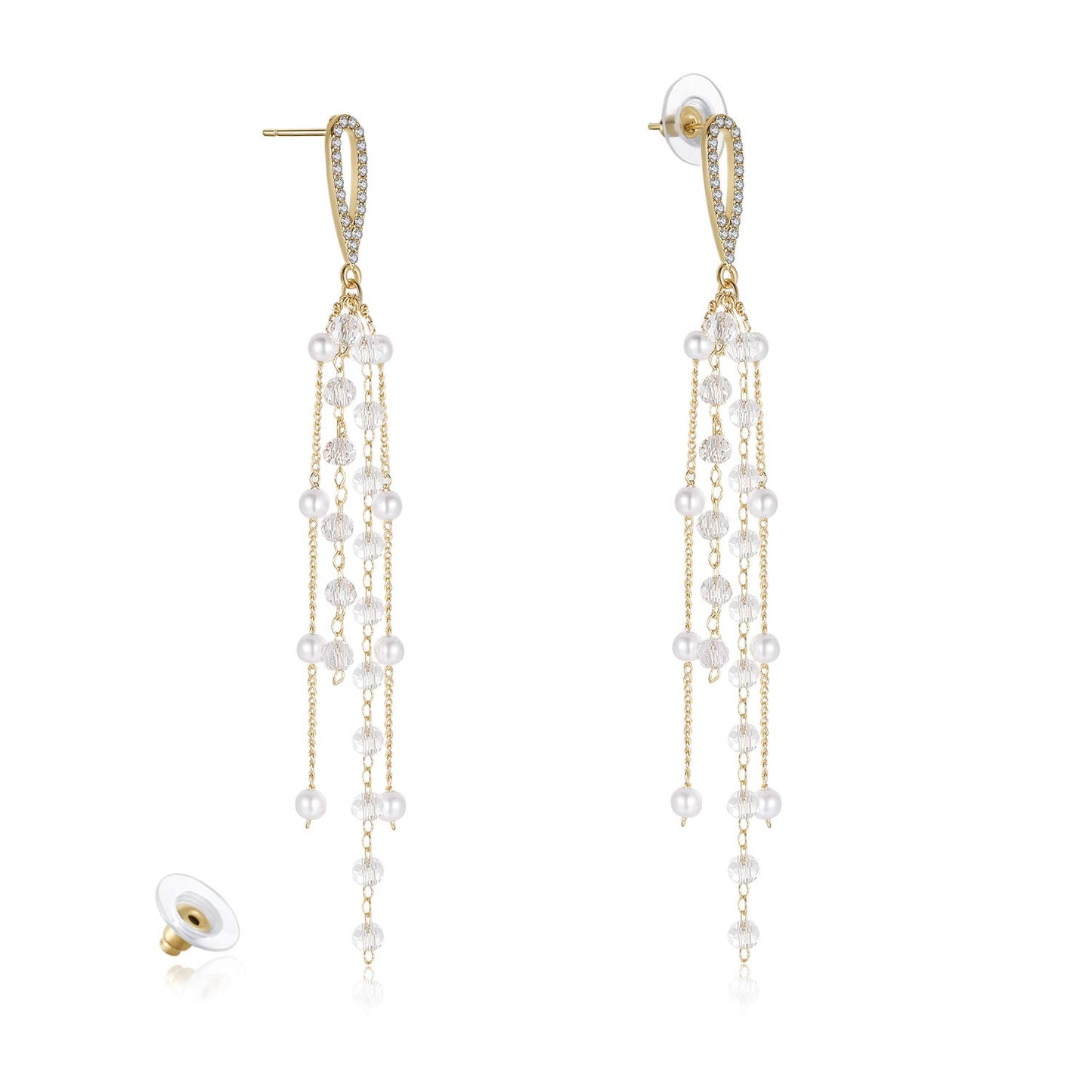 Kruckel Waterfall Earring - Spring-Inspired Dangle Women Jewelry, Golden Studs with Clear Sparkly Pearl Long Drops, Easy - Wear Fashion Design Accessory Packed with Durable Jewelry Box