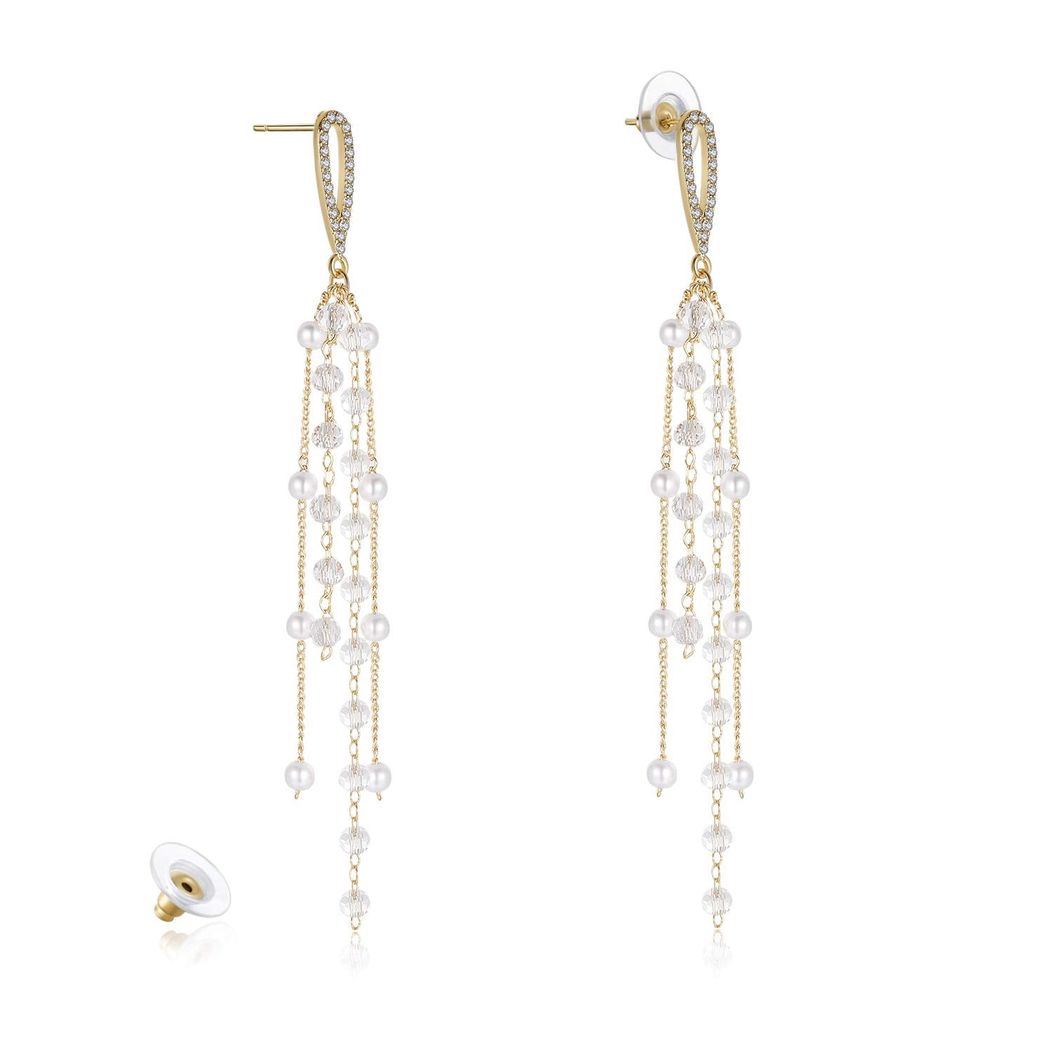 Kruckel Waterfall Earring - Spring-Inspired Dangle Women Jewelry, Golden Studs with Clear Sparkly Pearl Long Drops, Easy - Wear Fashion Design Accessory Packed with Durable Jewelry Box