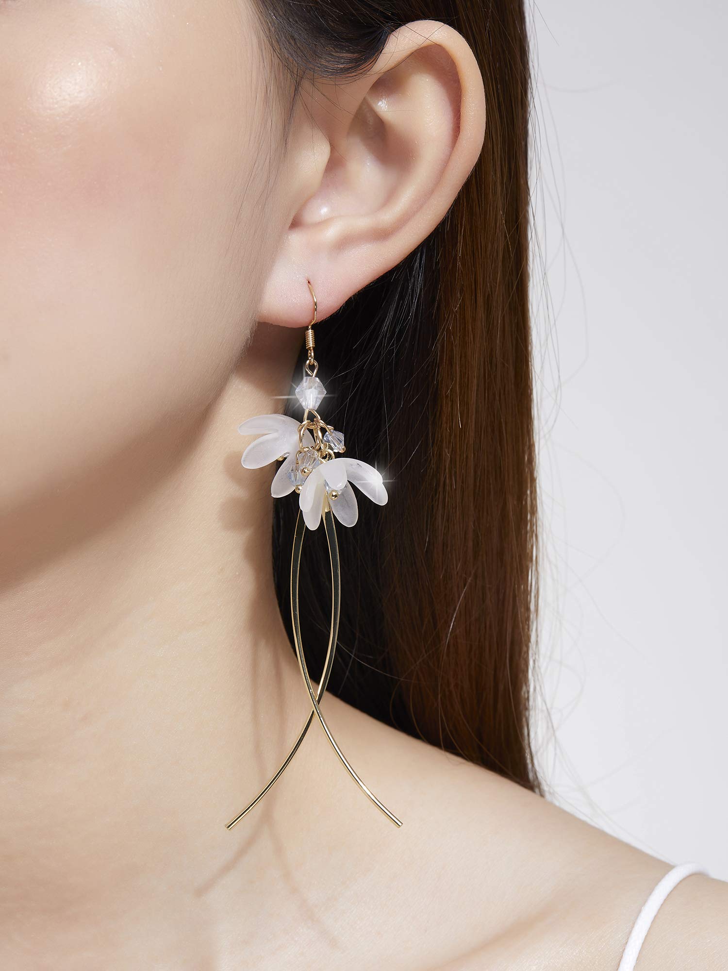 Kruckel Flower Blossom Mismatched Long Drop Dangling Earrings - Sparkly Golden Studs, Lightweight Jewelry for Women, Easy - Wear Fashion Design Accesory Packed with Durable Jewelry Box