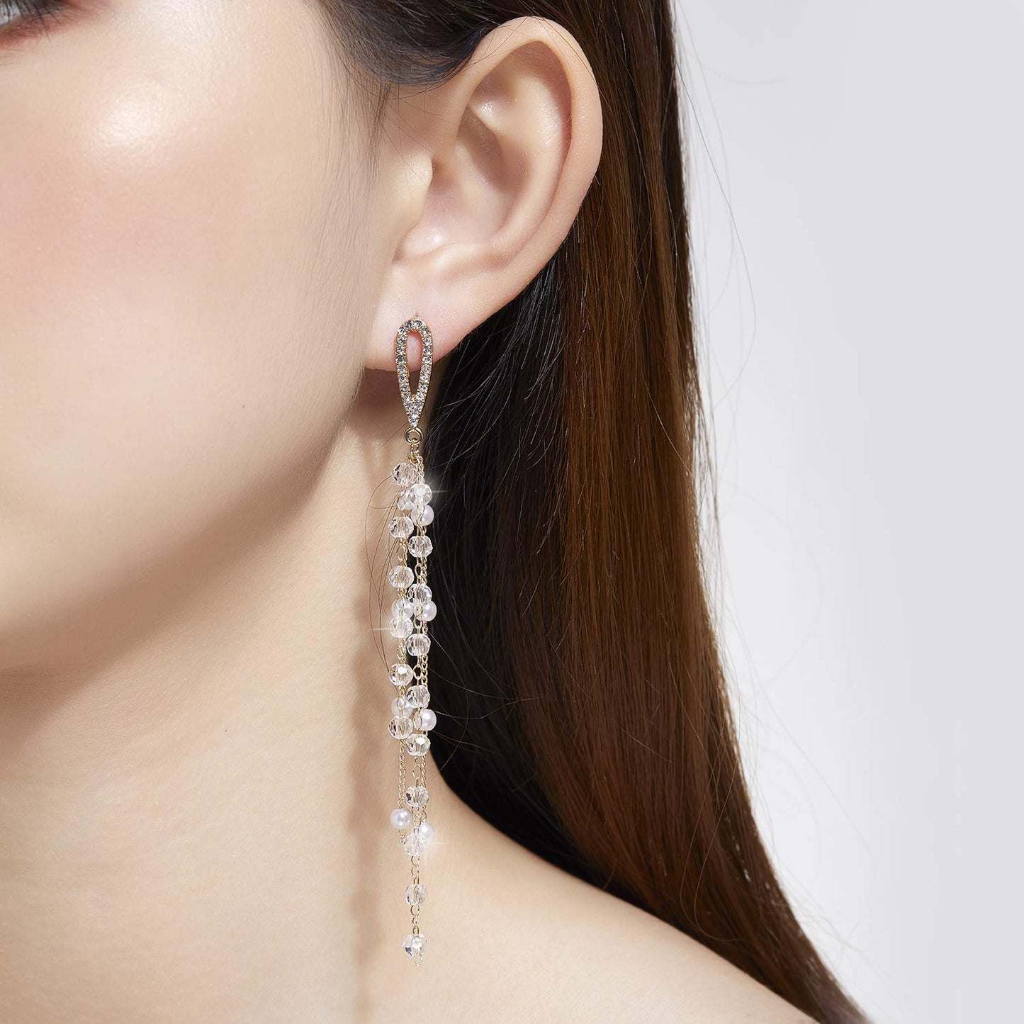 Kruckel Waterfall Earring - Spring-Inspired Dangle Women Jewelry, Golden Studs with Clear Sparkly Pearl Long Drops, Easy - Wear Fashion Design Accessory Packed with Durable Jewelry Box