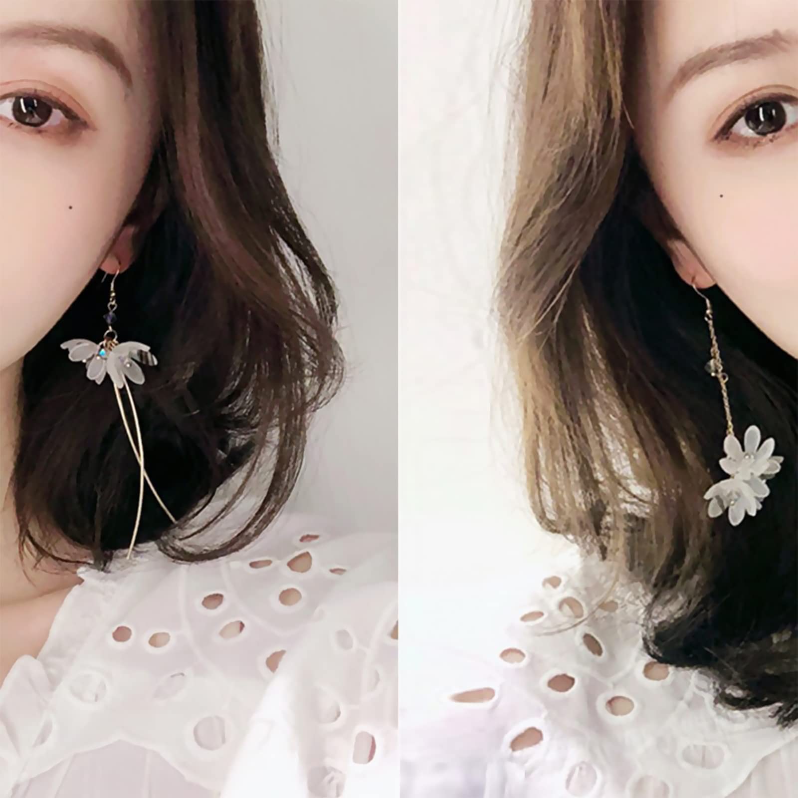 Kruckel Flower Blossom Mismatched Long Drop Dangling Earrings - Sparkly Golden Studs, Lightweight Jewelry for Women, Easy - Wear Fashion Design Accesory Packed with Durable Jewelry Box