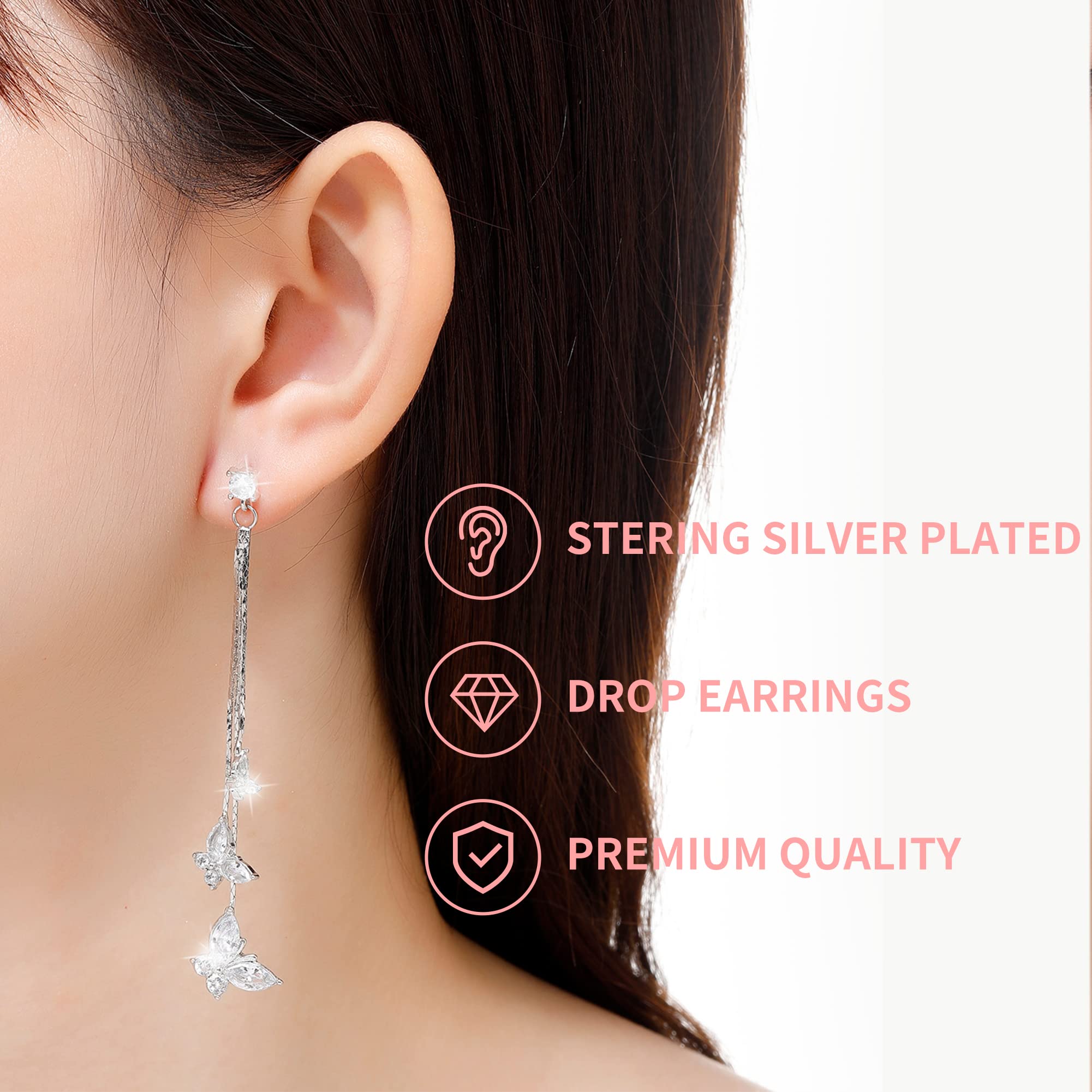 Kruckel Butterfly Dangle Earrings with Crystals (925 Sterling Silver) Includes Present Box – Hypoallergenic, Lightweight, Safe for Sensitive Skin