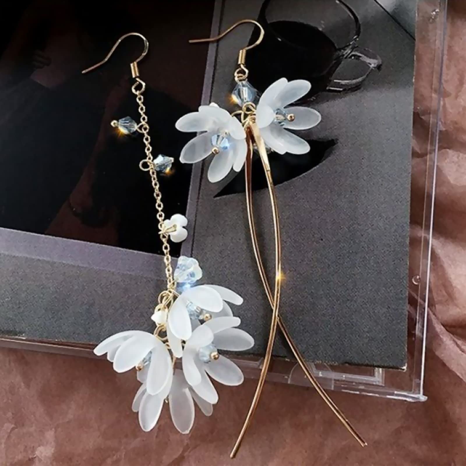 Kruckel Flower Blossom Mismatched Long Drop Dangling Earrings - Sparkly Golden Studs, Lightweight Jewelry for Women, Easy - Wear Fashion Design Accesory Packed with Durable Jewelry Box