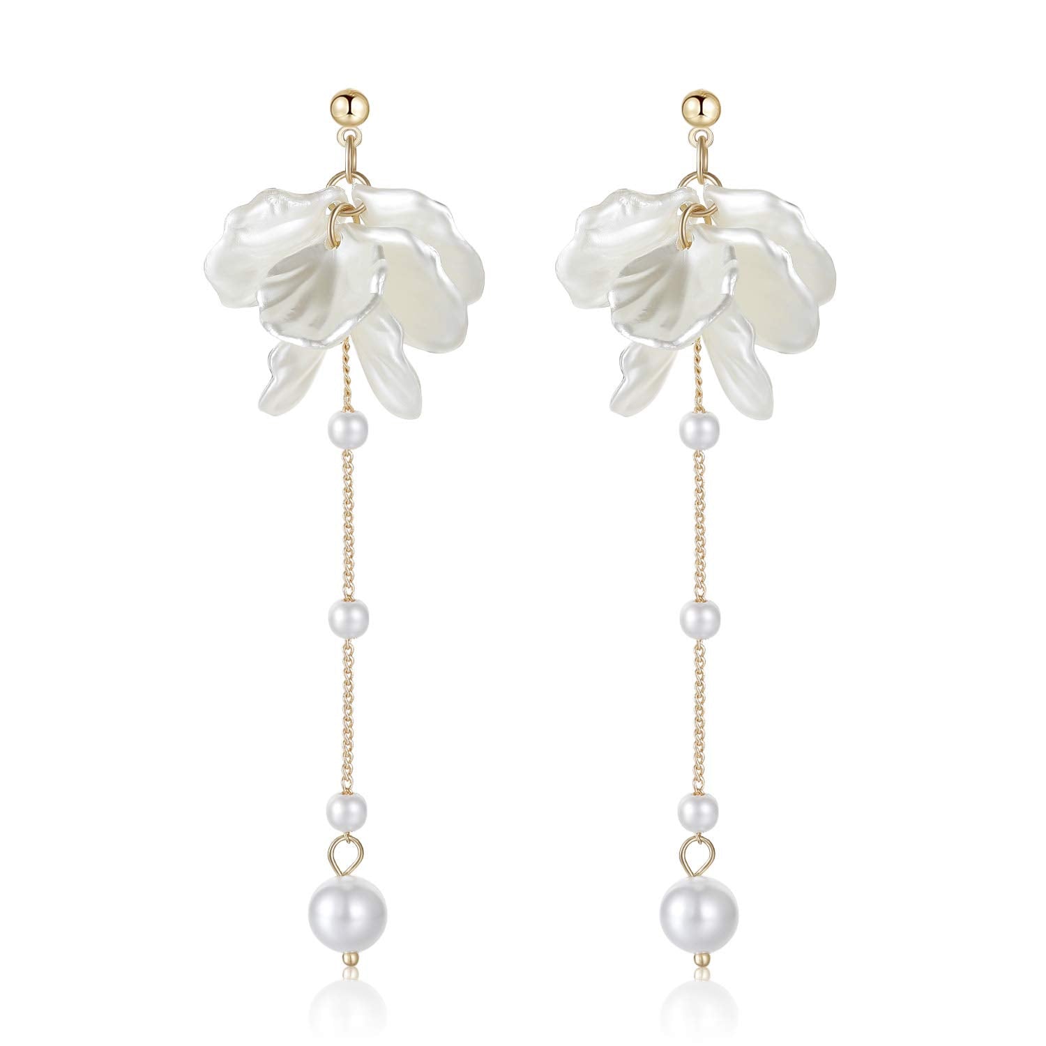 Kruckel Pearl Flower Long Drop Earrings in sterling silver with white pearl blossoms, lightweight hypoallergenic dangle earrings