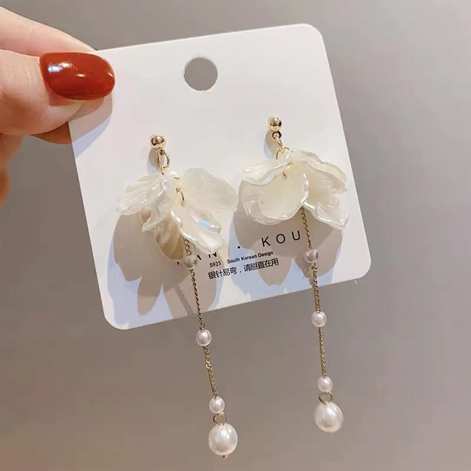 Kruckel Pearl Flower Long Drop Earrings in sterling silver with white pearl blossoms, lightweight hypoallergenic dangle earrings