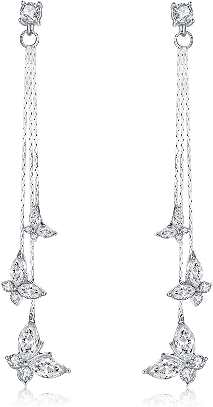 KRUCKEL Sparkling Butterfly Earrings for Women - Non-Sensitive Ears Dangling Drop Jewelry Gifts for Her - Sterling Swarovski Crystal Long Earrings With Gift Box for Teen Girls - White Gold Plated