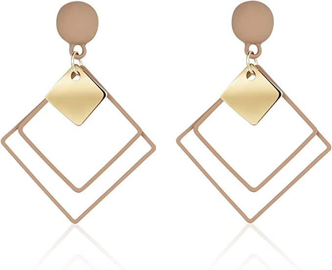 KRUCKEL Square Gold Shell Stud Dangle Earrings Jewelry | Hypoallergenic Square Drop Pierced Stud Geometric Shell Earrings Gift for Women and Girls - 7069026