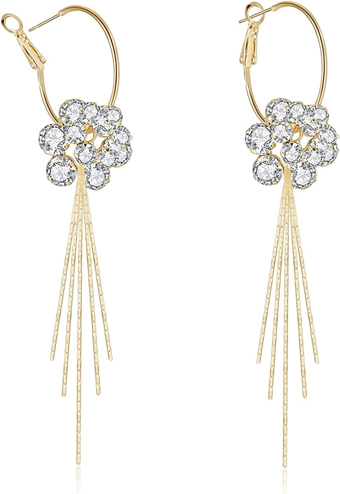 KRUCKEL Peach Blossom Flower Tassel Drop Hoop Dangle Earrings | Cute Gold Plated Dangle Pierced Earrings Jewelry Gift for Women and Teen Girls- 7189026