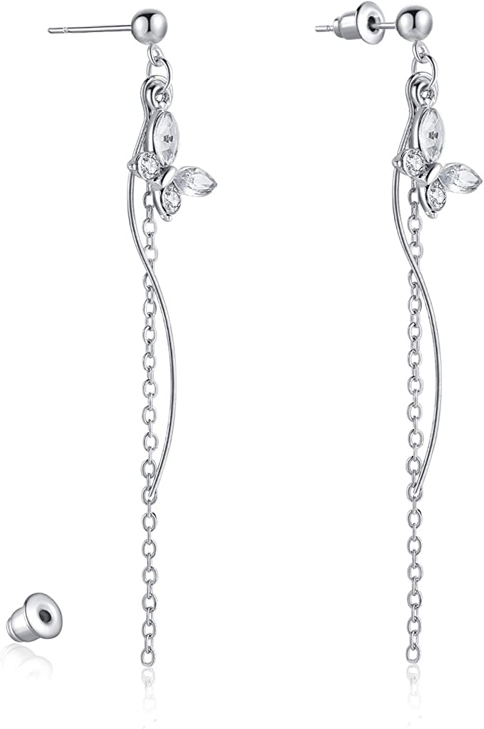 KRUCKEL Sparkling Butterfly Stud Pierced Drop Chain Earrings | Silver Dangle Piercing Earrings Jewelry for Women Teen Girls - 7029037