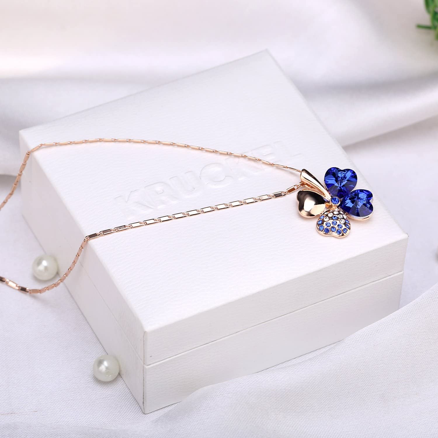 Kruckel; 5071010 Four-Leaf Clover Lucky Clover Rose Gold Plated Necklace made with Swarovski Crystals;