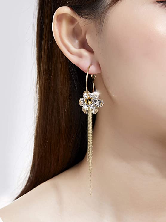 KRUCKEL Peach Blossom Flower Tassel Drop Hoop Dangle Earrings | Cute Gold Plated Dangle Pierced Earrings Jewelry Gift for Women and Teen Girls- 7189026
