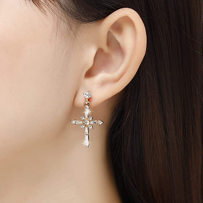KRUCKEL Cross Christ Sparkling Earrings - Dangle Drop Cross Earrings for Women - Gifts for Her, Love with Wife, Mother, Girlfriend, Christmas, Valentines Day - Gold Plated