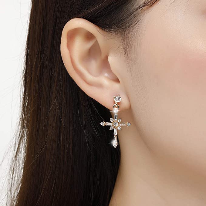 KRUCKEL Cross Christ Sparkling Earrings - Dangle Drop Cross Earrings for Women - Gifts for Her, Love with Wife, Mother, Girlfriend, Christmas, Valentines Day - Gold Plated