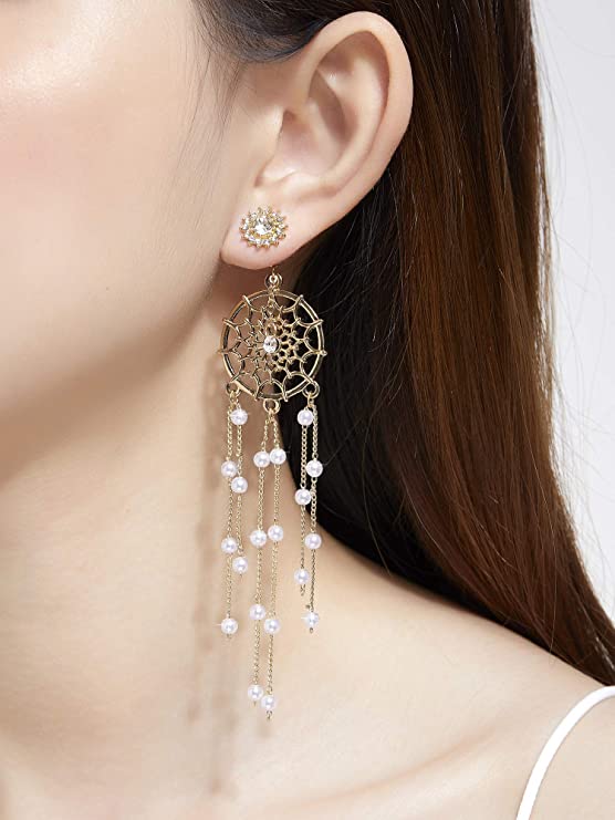 KRUCKEL Dreamcatcher Pearls Drop Stud Earrings Jewelry | Cubic Zirconia Gold Tassel Dangle Earring Gifts for Women Teen Girls 7169316