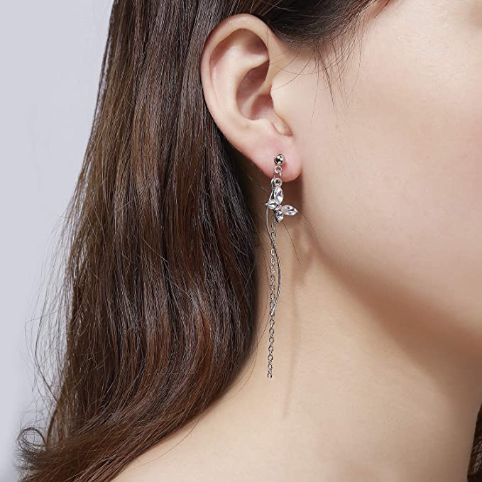 KRUCKEL Sparkling Butterfly Stud Pierced Drop Chain Earrings | Silver Dangle Piercing Earrings Jewelry for Women Teen Girls - 7029037