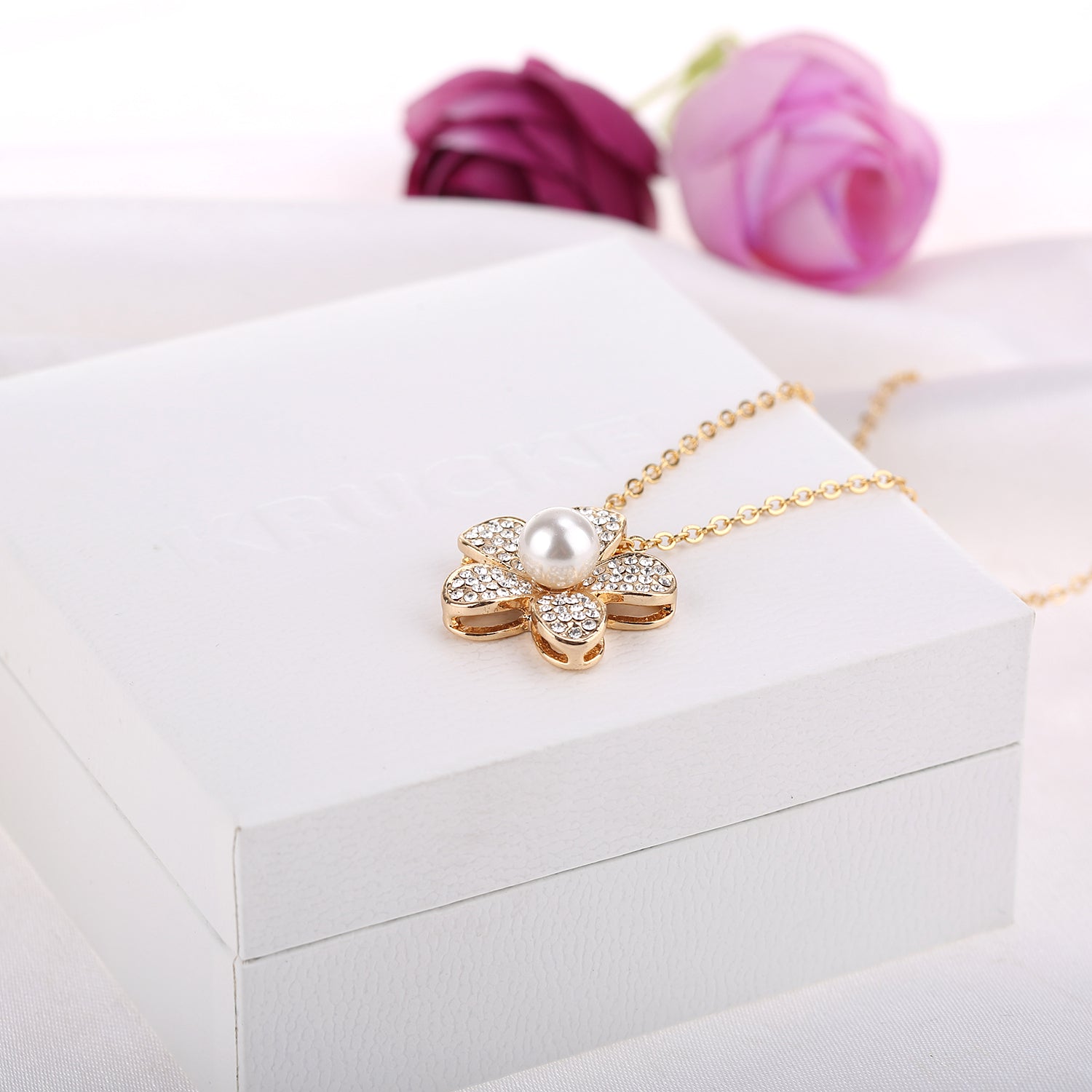 Strawberry Blossom Flower Pavé Swarovski Crystals Necklace