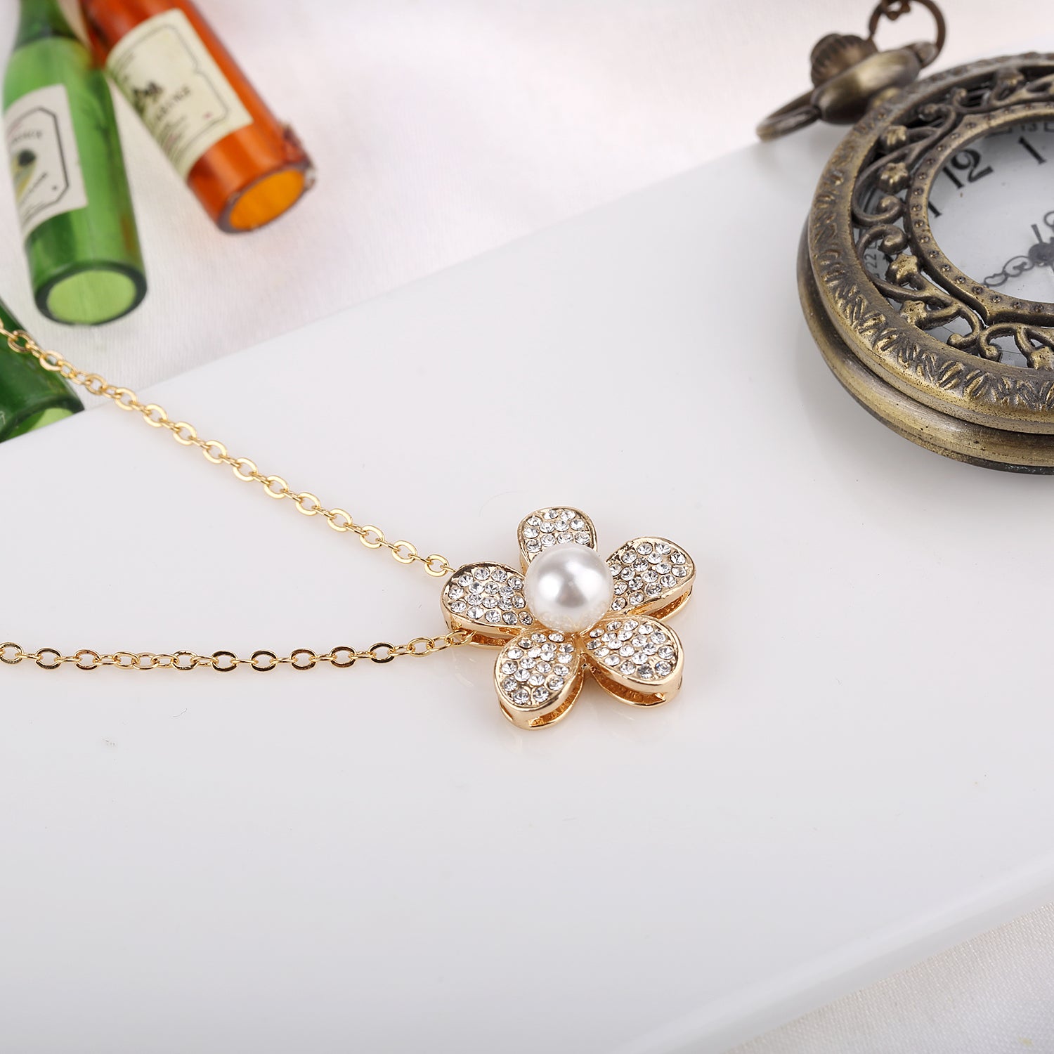 Strawberry Blossom Flower Pavé Swarovski Crystals Necklace