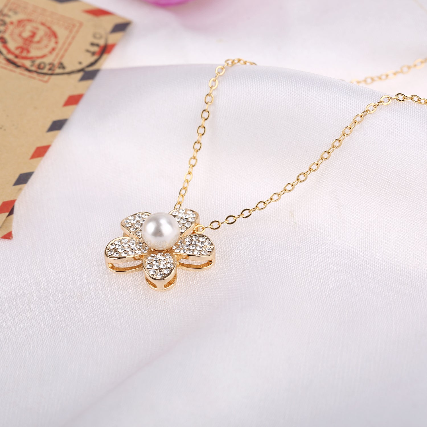 Strawberry Blossom Flower Pavé Swarovski Crystals Necklace