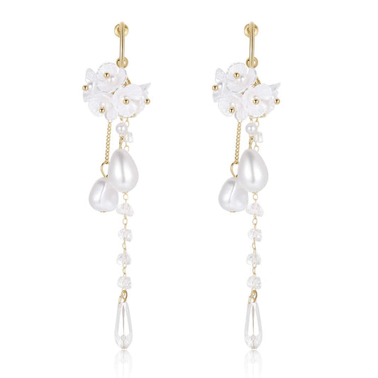 KRUCKEL Peach Blossom Dangle Earrings Jewelry | Golden Stud White Pressed Flower Drop Pierced Earring Gift for Women and Teen Girls - 7079161