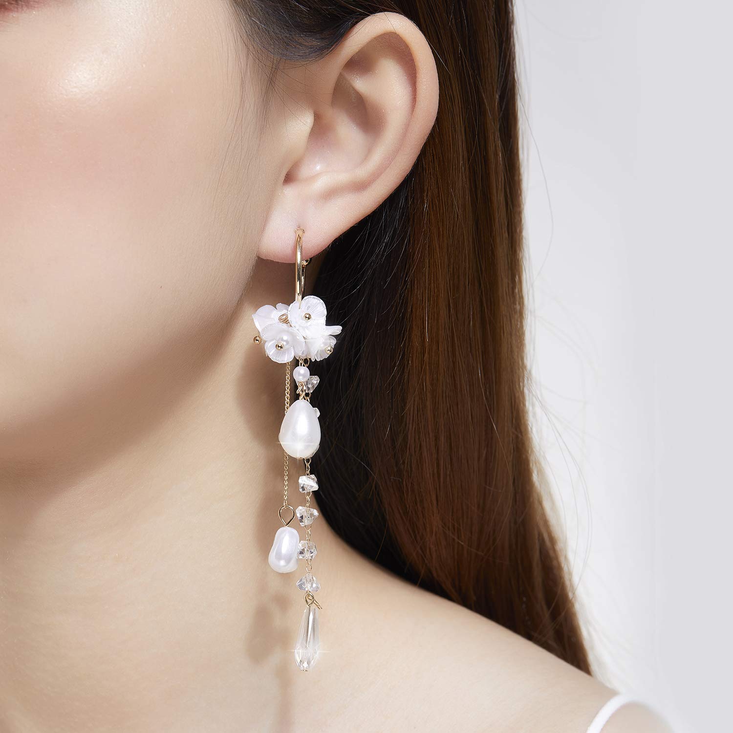 KRUCKEL Peach Blossom Dangle Earrings Jewelry | Golden Stud White Pressed Flower Drop Pierced Earring Gift for Women and Teen Girls - 7079161