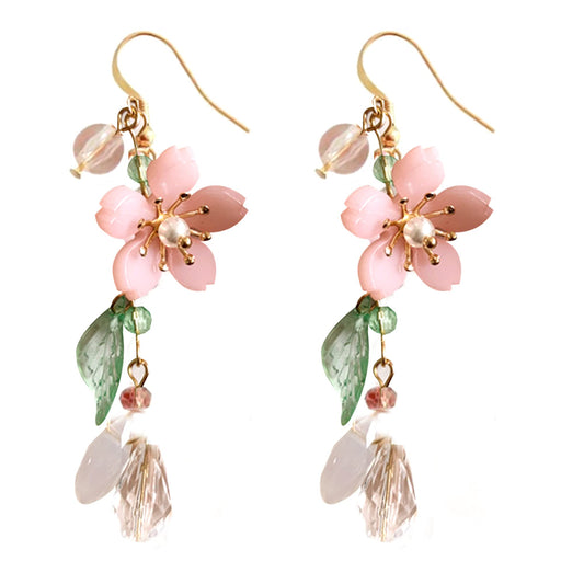 Kruckel Earrings for Women Trendy, Plum Blossom, Pink Flower Earring with Green Leaves, Sakura, New Year Earring Winter Jewelry, Fashion Design Cute Elegant, Jewelry Gift for Women