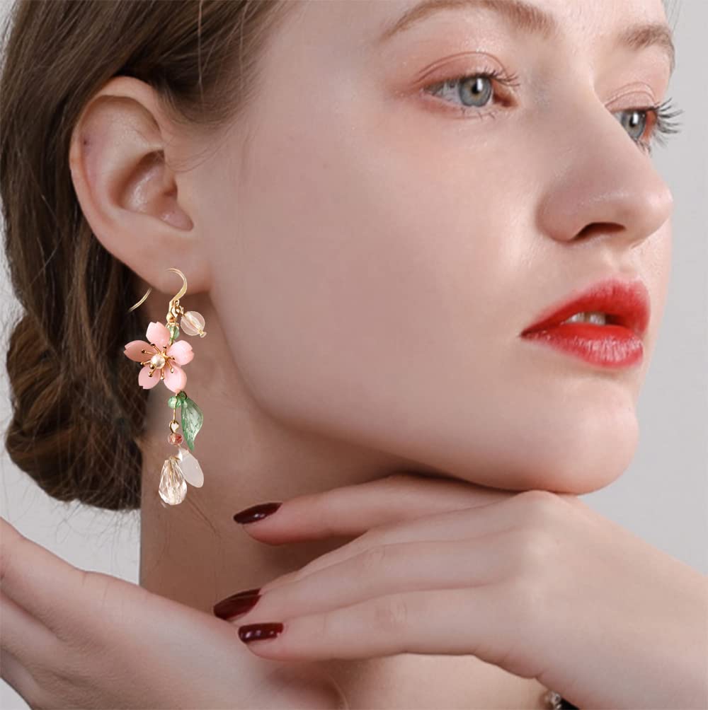 Kruckel Earrings for Women Trendy, Plum Blossom, Pink Flower Earring with Green Leaves, Sakura, New Year Earring Winter Jewelry, Fashion Design Cute Elegant, Jewelry Gift for Women