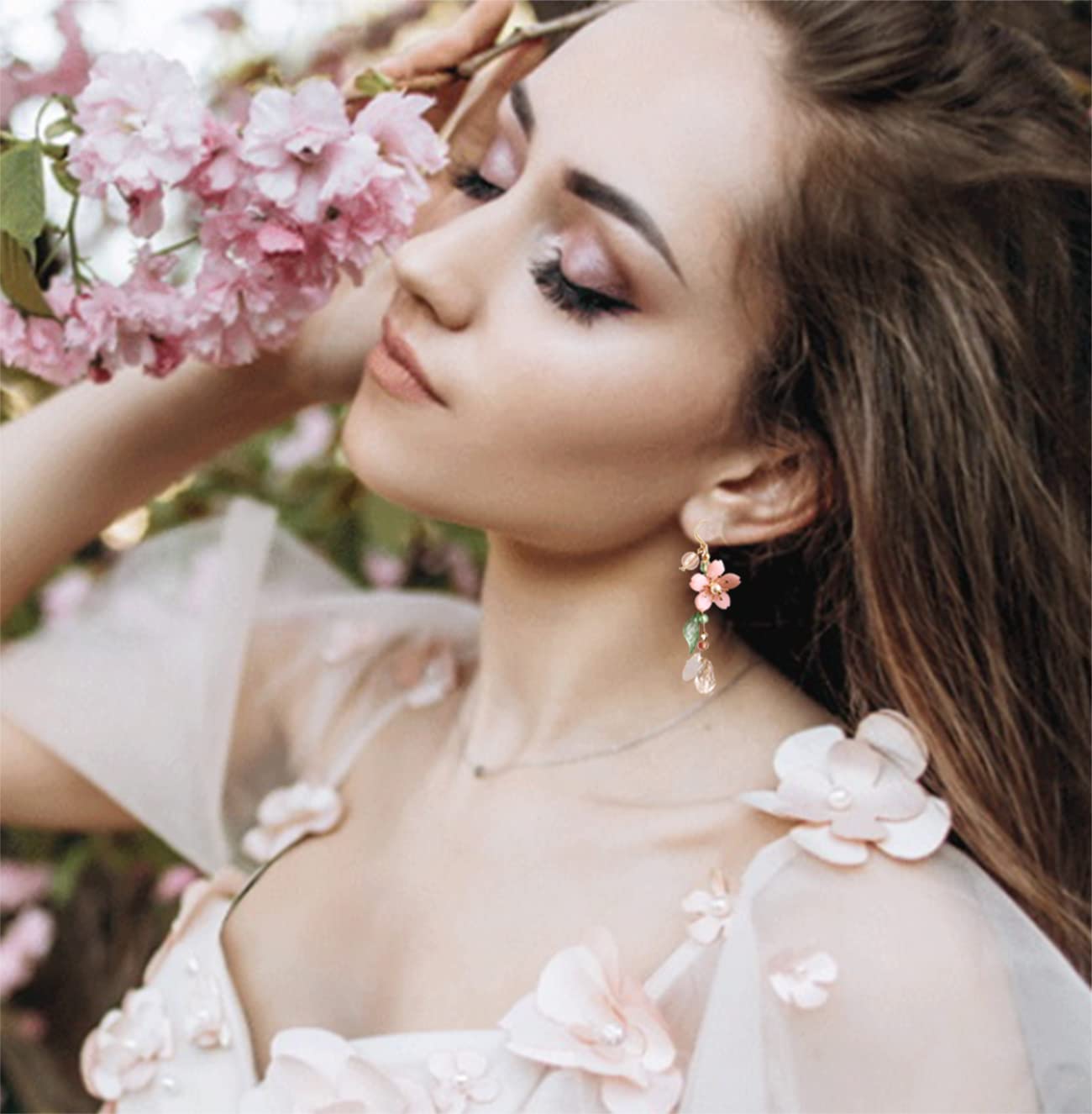 Kruckel Earrings for Women Trendy, Plum Blossom, Pink Flower Earring with Green Leaves, Sakura, New Year Earring Winter Jewelry, Fashion Design Cute Elegant, Jewelry Gift for Women