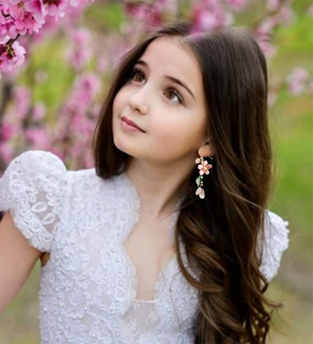 Kruckel Earrings for Women Trendy, Plum Blossom, Pink Flower Earring with Green Leaves, Sakura, New Year Earring Winter Jewelry, Fashion Design Cute Elegant, Jewelry Gift for Women