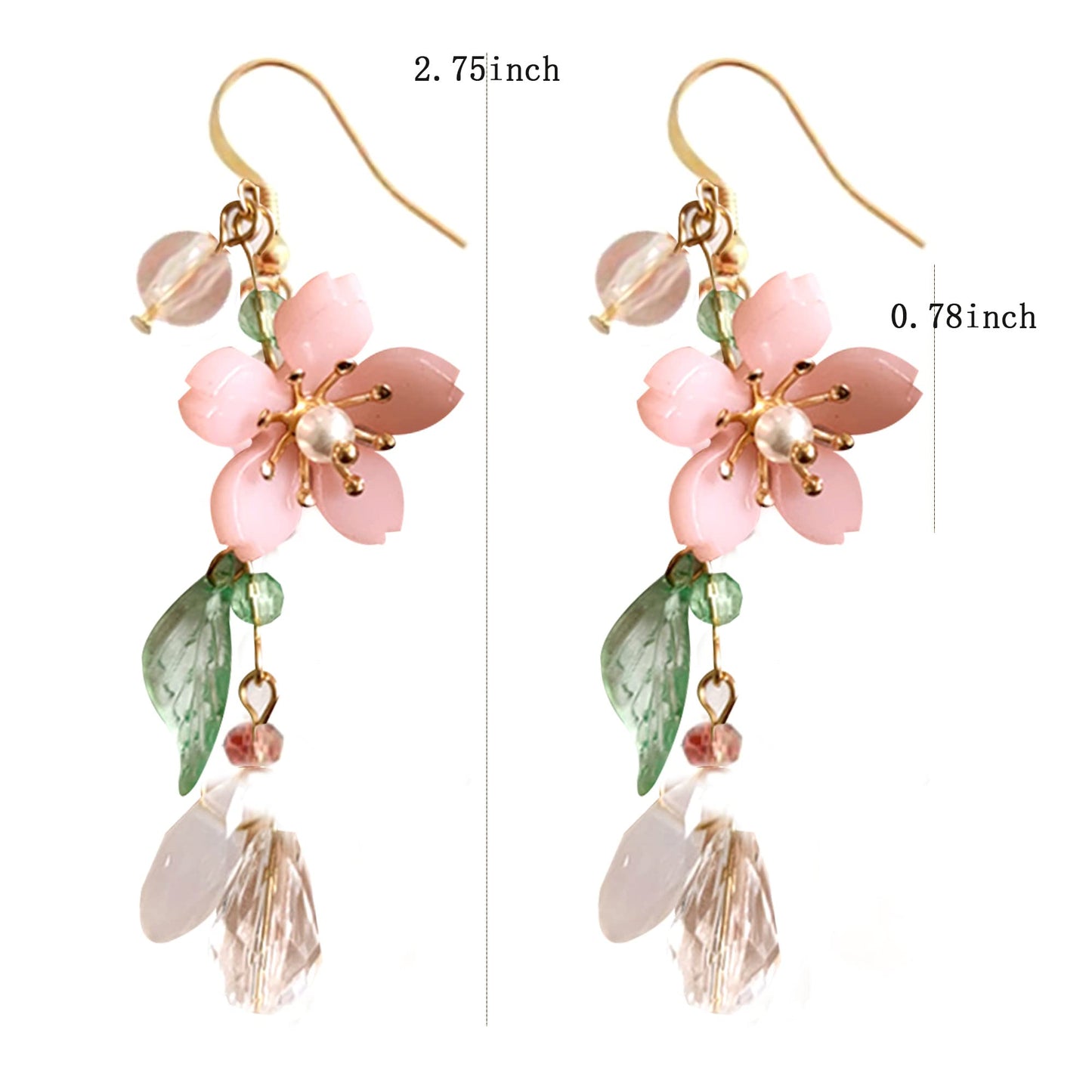 Kruckel Earrings for Women Trendy, Plum Blossom, Pink Flower Earring with Green Leaves, Sakura, New Year Earring Winter Jewelry, Fashion Design Cute Elegant, Jewelry Gift for Women