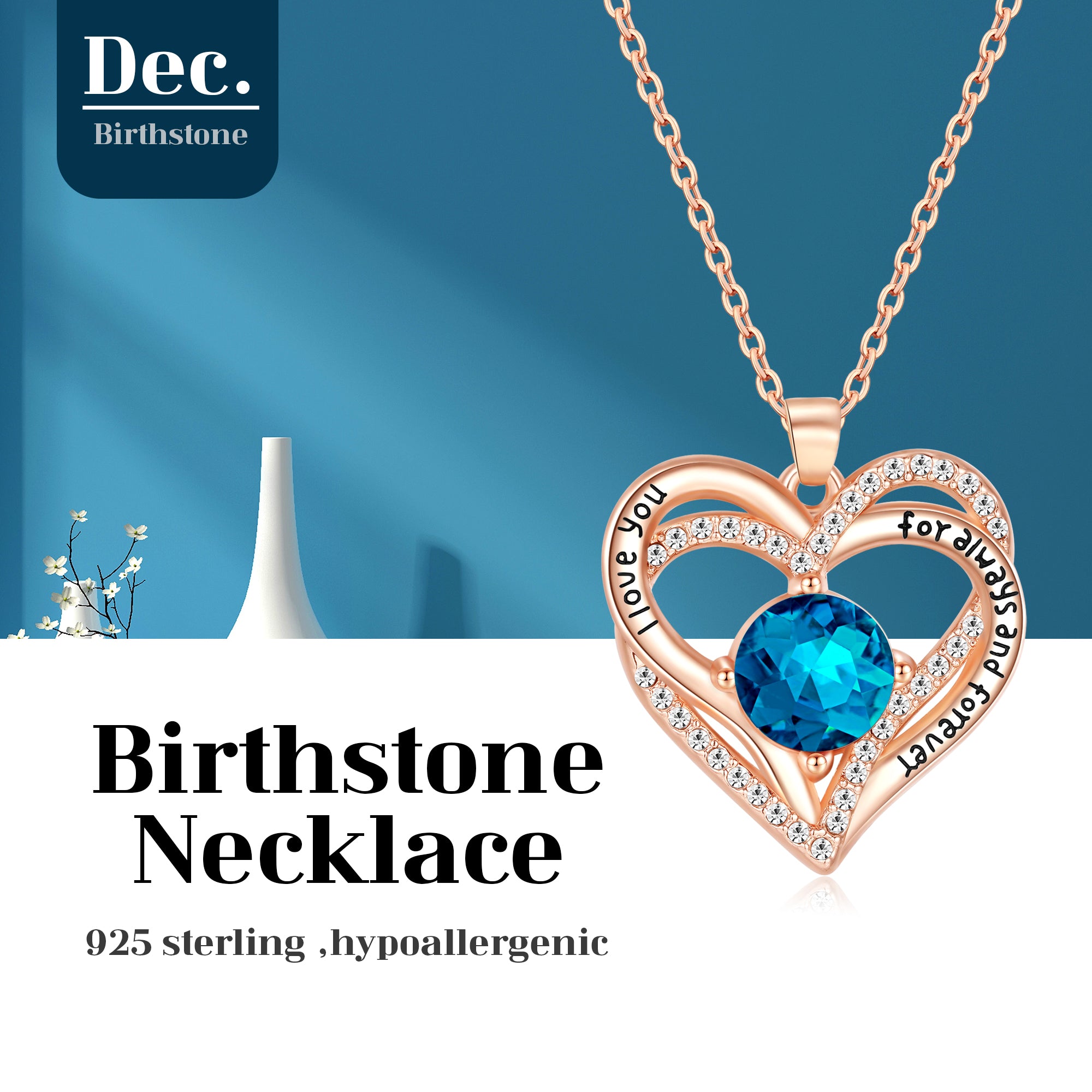 Kruckel December Birthstone Crystal Necklace for Women, Infinity Love Double Heart Pendant paved with Crystals and engraved with "I love you for always and forever", Birthday Jewelry Gift for Her Mom Wife