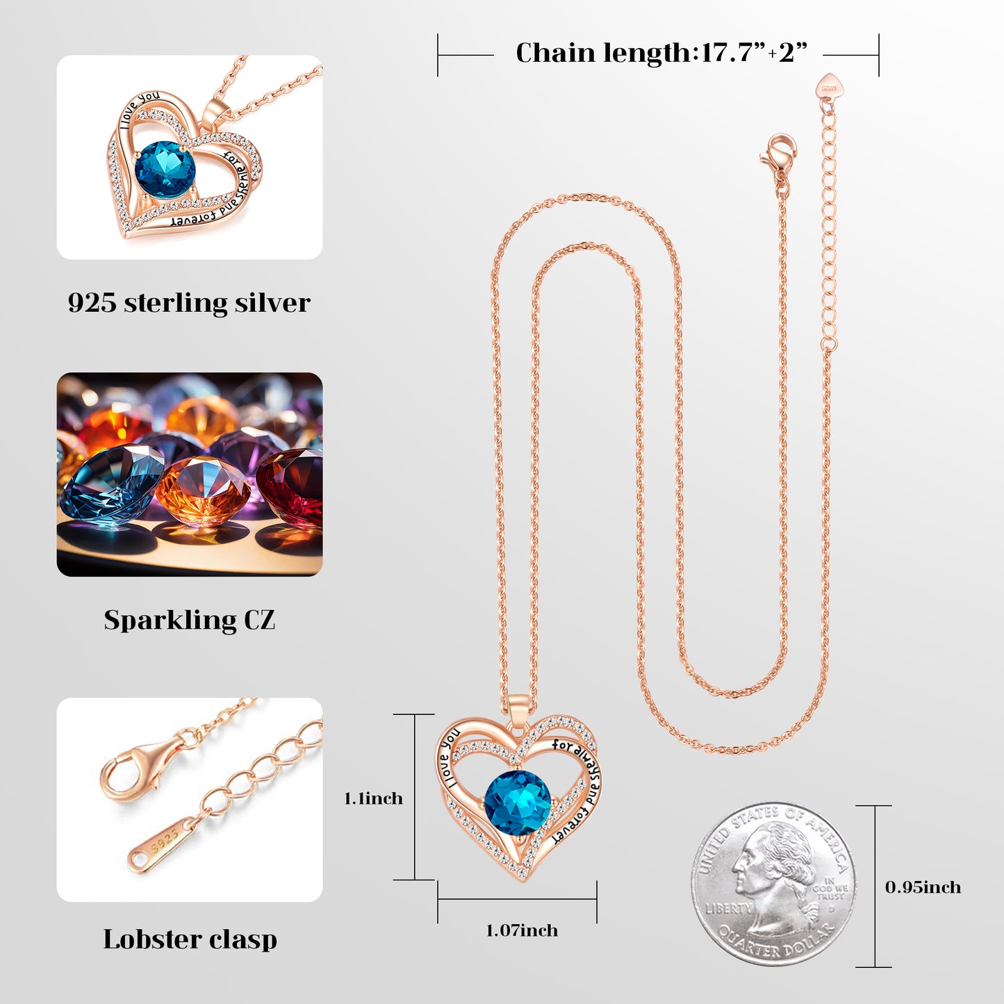 Kruckel December Birthstone Crystal Necklace for Women, Infinity Love Double Heart Pendant paved with Crystals and engraved with "I love you for always and forever", Birthday Jewelry Gift for Her Mom Wife