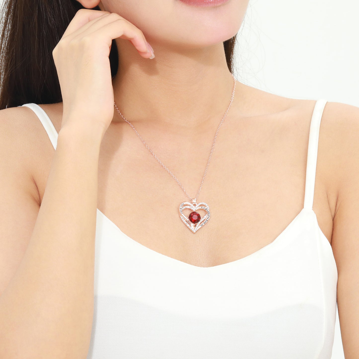 Kruckel July Birthstone Crystal Necklace for Women, Infinity Love Double Heart Pendant paved with Crystals and engraved with I love you for always and forever, Birthday Jewelry Gift for Her Mom Wife