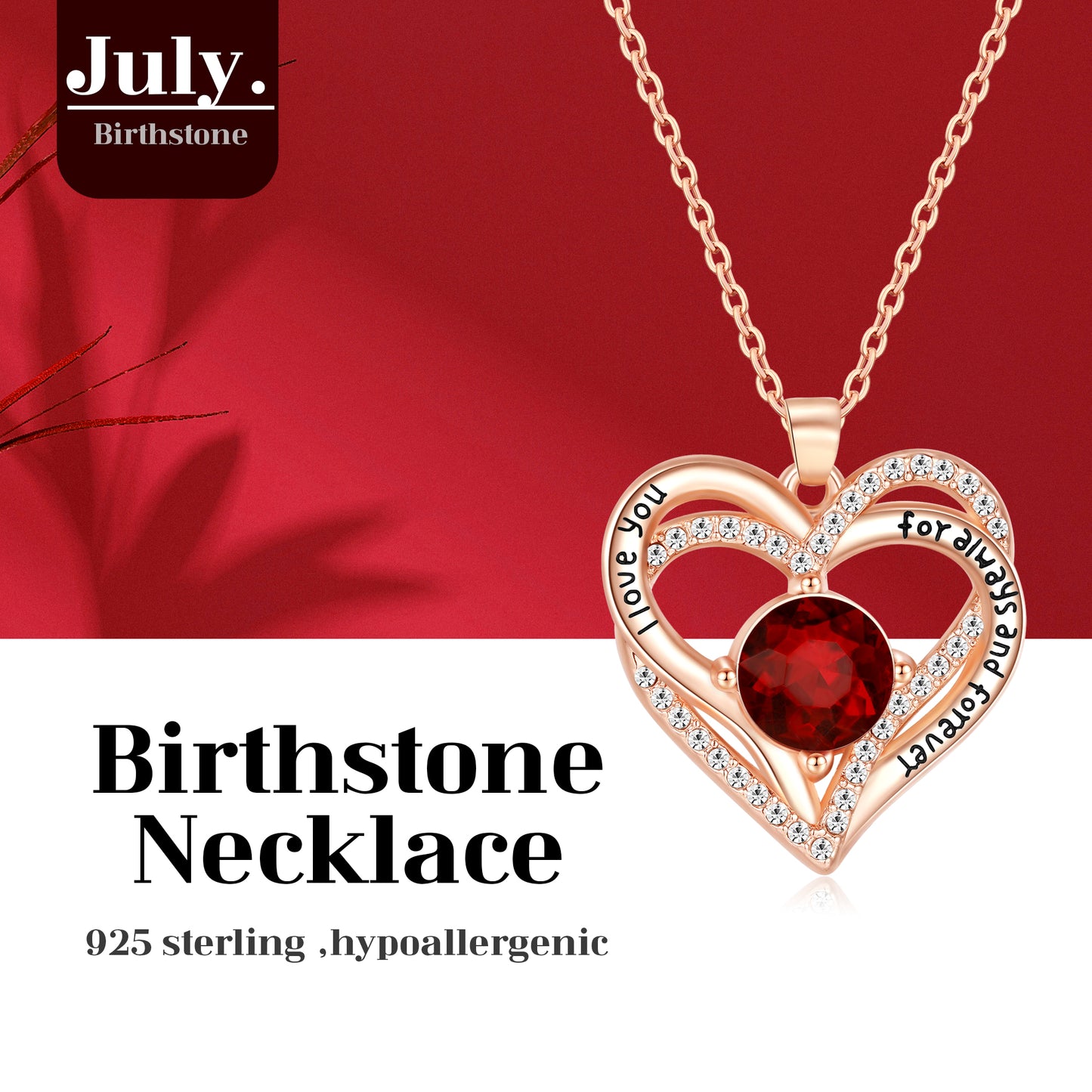 Kruckel July Birthstone Crystal Necklace for Women, Infinity Love Double Heart Pendant paved with Crystals and engraved with I love you for always and forever, Birthday Jewelry Gift for Her Mom Wife