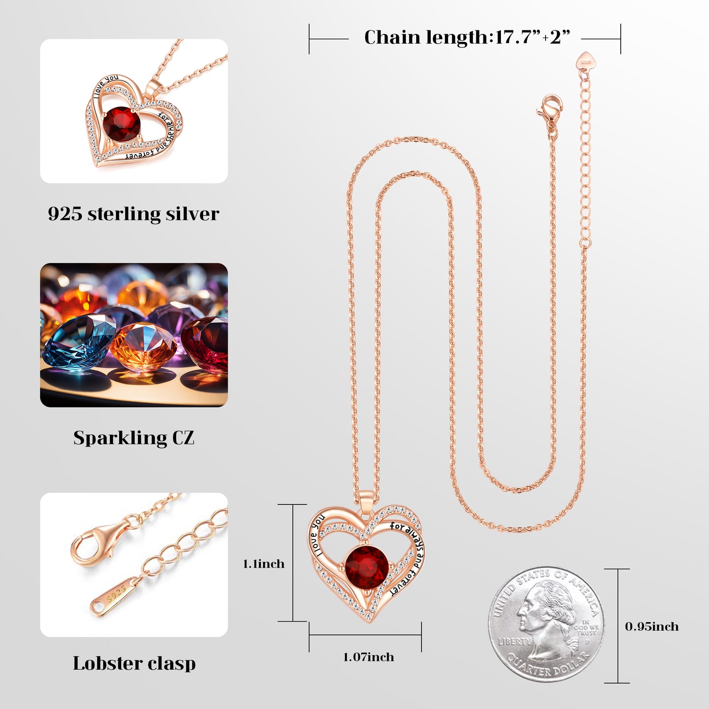 Kruckel July Birthstone Crystal Necklace for Women, Infinity Love Double Heart Pendant paved with Crystals and engraved with I love you for always and forever, Birthday Jewelry Gift for Her Mom Wife