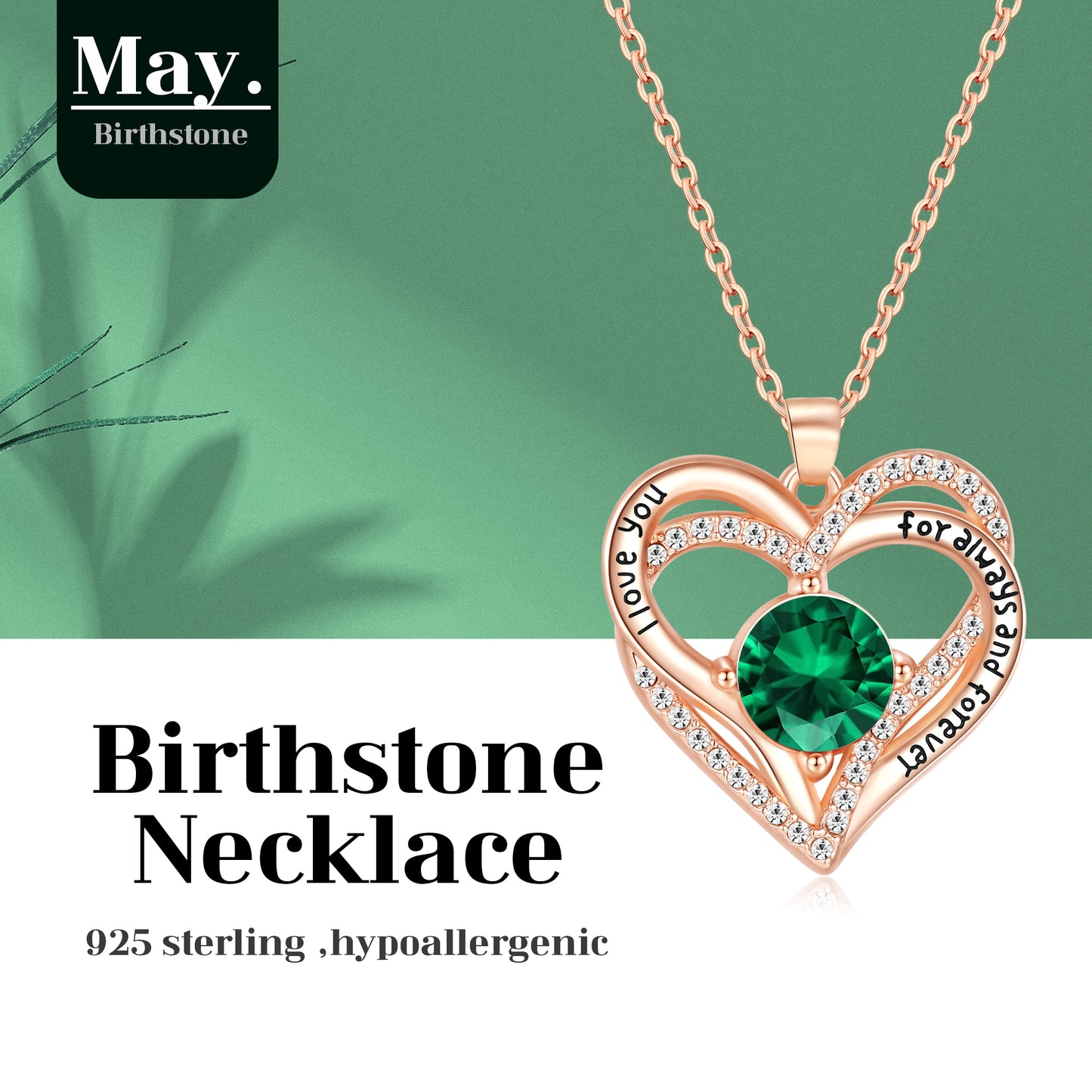 Kruckel May Birthstone Crystal Necklace for Women, Infinity Love Double Heart Pendant paved with Crystals and engraved with I love you for always and forever, Birthday Jewelry Gift for Her Mom Wife