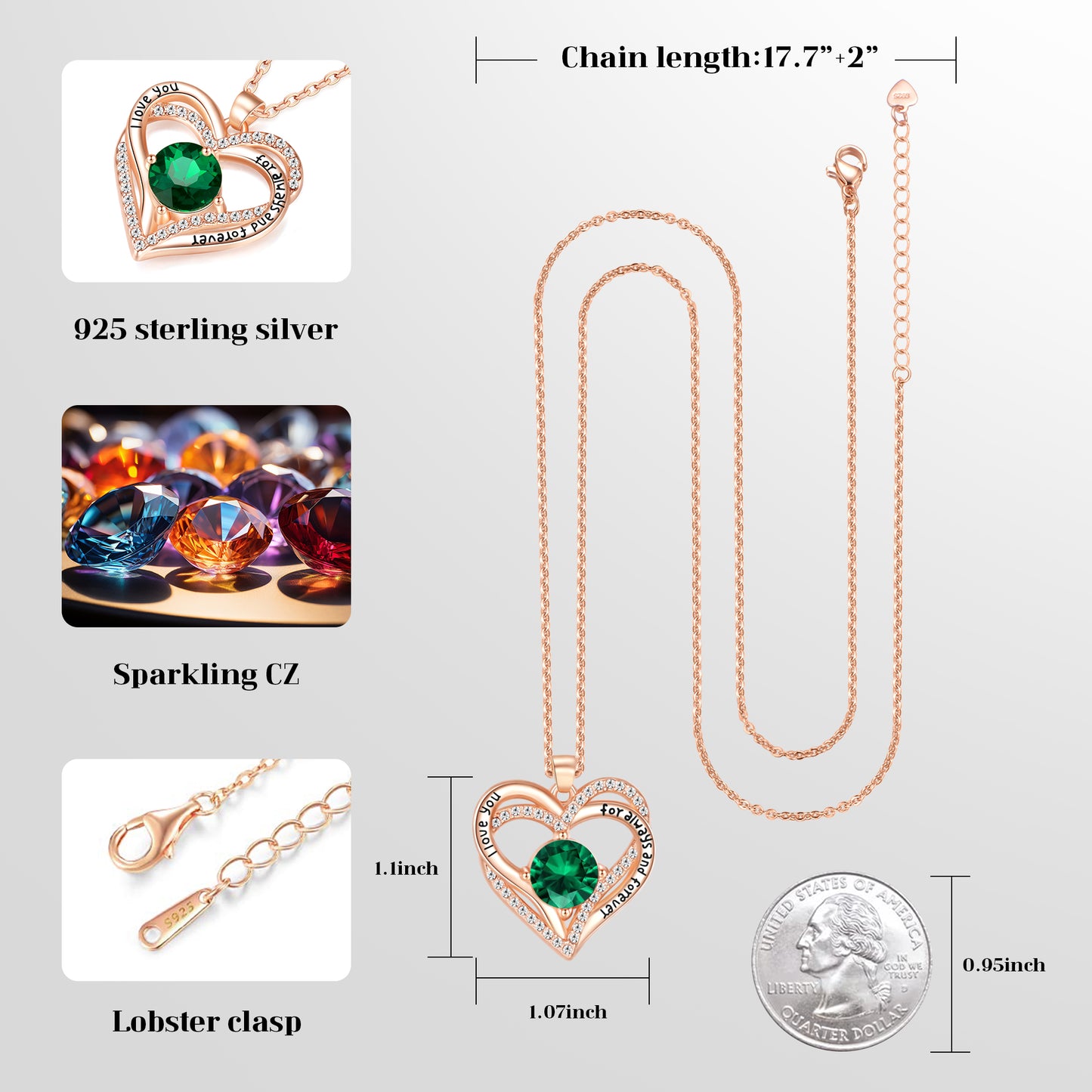 Kruckel May Birthstone Crystal Necklace for Women, Infinity Love Double Heart Pendant paved with Crystals and engraved with I love you for always and forever, Birthday Jewelry Gift for Her Mom Wife
