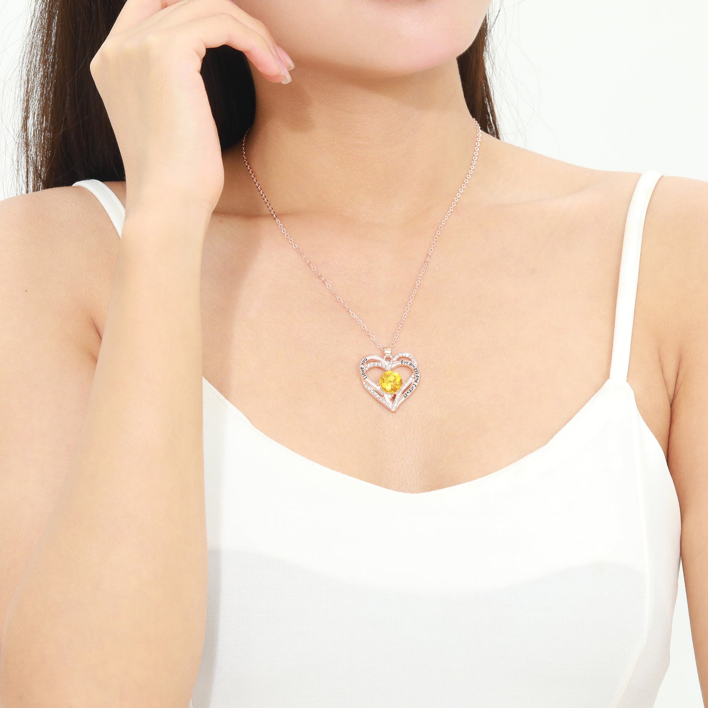 Kruckel November Birthstone Crystal Necklace for Women, Infinity Love Double Heart Pendant paved with Crystals and engraved with "I love you for always and forever", Birthday Jewelry Gift for Her Mom Wife