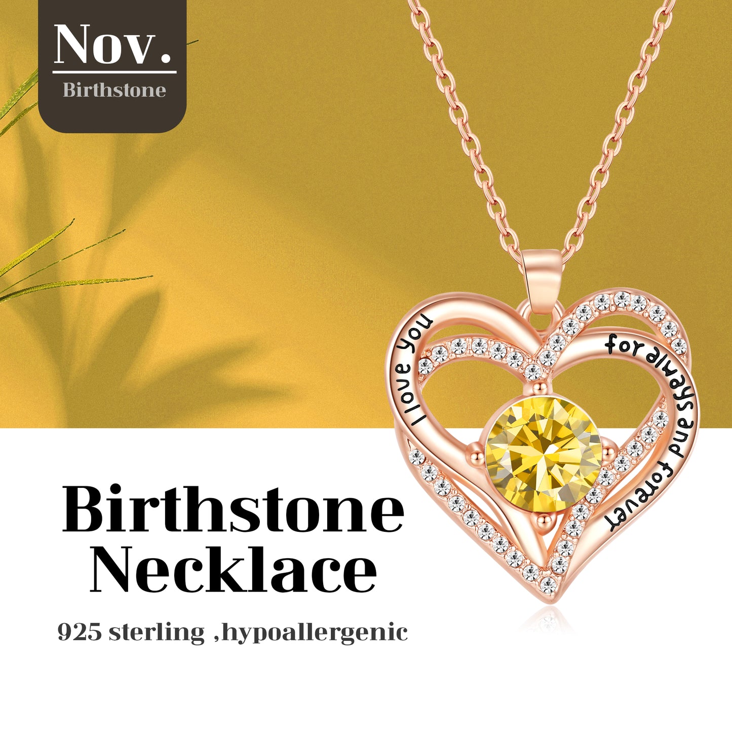 Kruckel November Birthstone Crystal Necklace for Women, Infinity Love Double Heart Pendant paved with Crystals and engraved with "I love you for always and forever", Birthday Jewelry Gift for Her Mom Wife