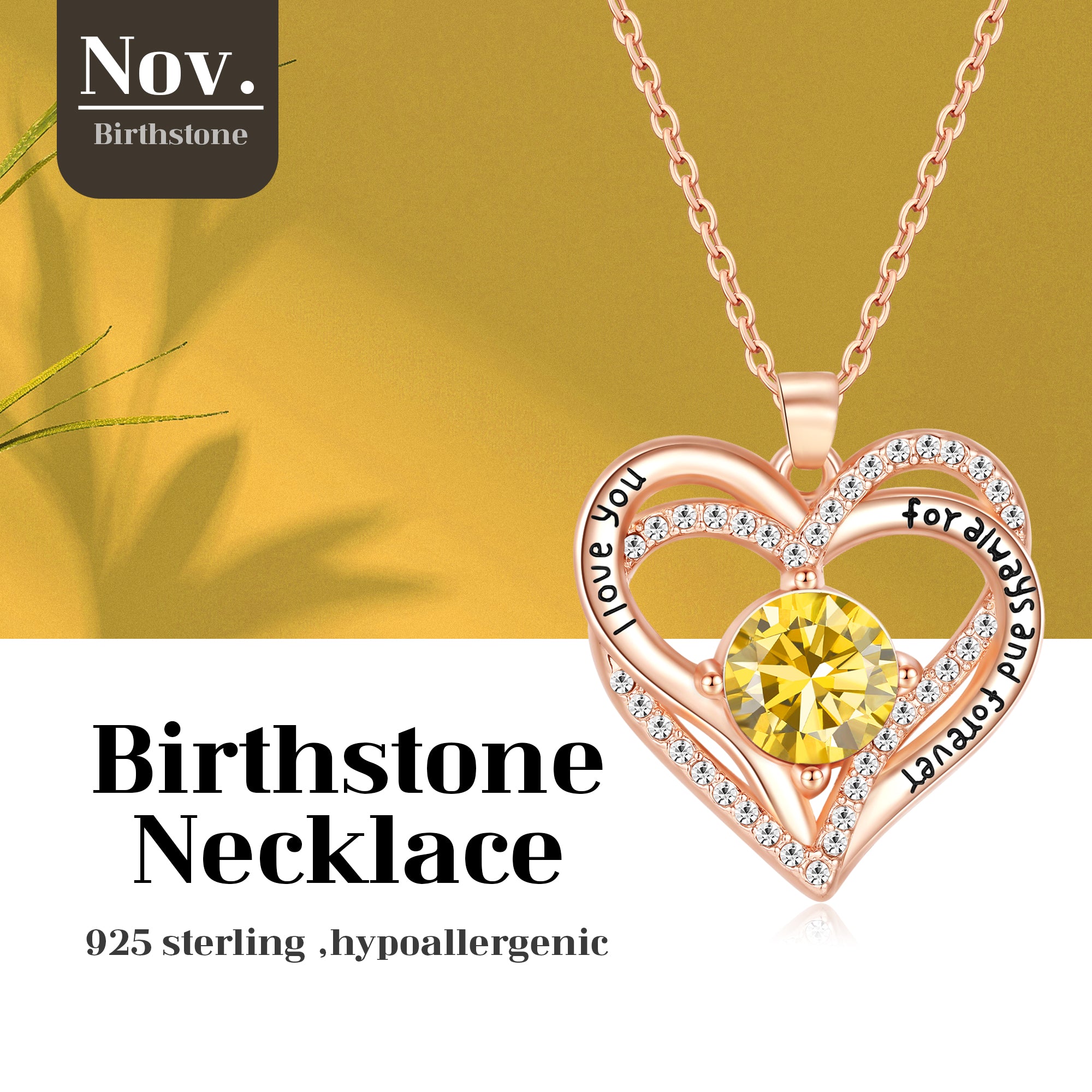 Kruckel November Birthstone Crystal Necklace for Women, Infinity Love Double Heart Pendant paved with Crystals and engraved with "I love you for always and forever", Birthday Jewelry Gift for Her Mom Wife