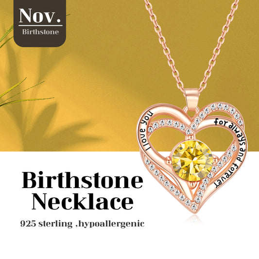 Kruckel November Birthstone Crystal Necklace for Women, Infinity Love Double Heart Pendant paved with Crystals and engraved with "I love you for always and forever", Birthday Jewelry Gift for Her Mom Wife