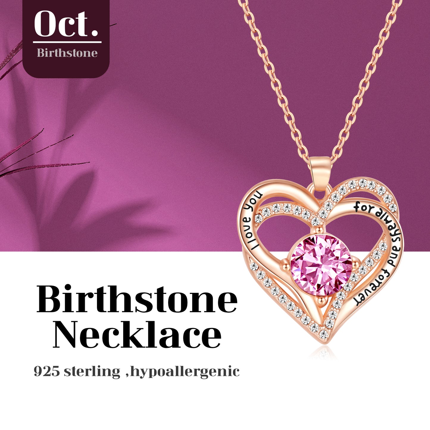 Kruckel October Birthstone Crystal Necklace for Women, Infinity Love Double Heart Pendant paved with Crystals and engraved with I love you for always and forever, Birthday Jewelry Gift for Her Mom Wife