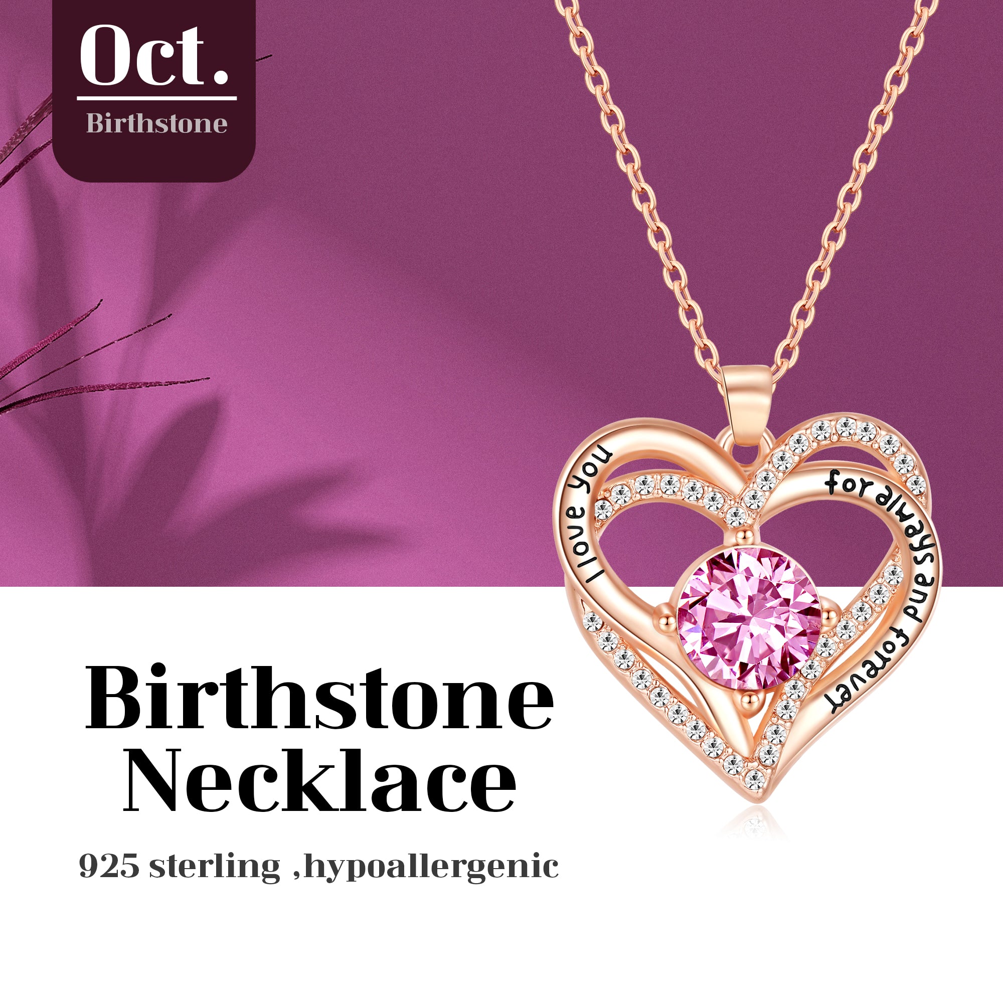 Kruckel October Birthstone Crystal Necklace for Women, Infinity Love Double Heart Pendant paved with Crystals and engraved with "I love you for always and forever", Birthday Jewelry Gift for Her Mom Wife