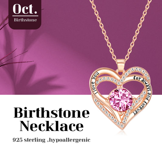 Kruckel October Birthstone Crystal Necklace for Women, Infinity Love Double Heart Pendant paved with Crystals and engraved with "I love you for always and forever", Birthday Jewelry Gift for Her Mom Wife