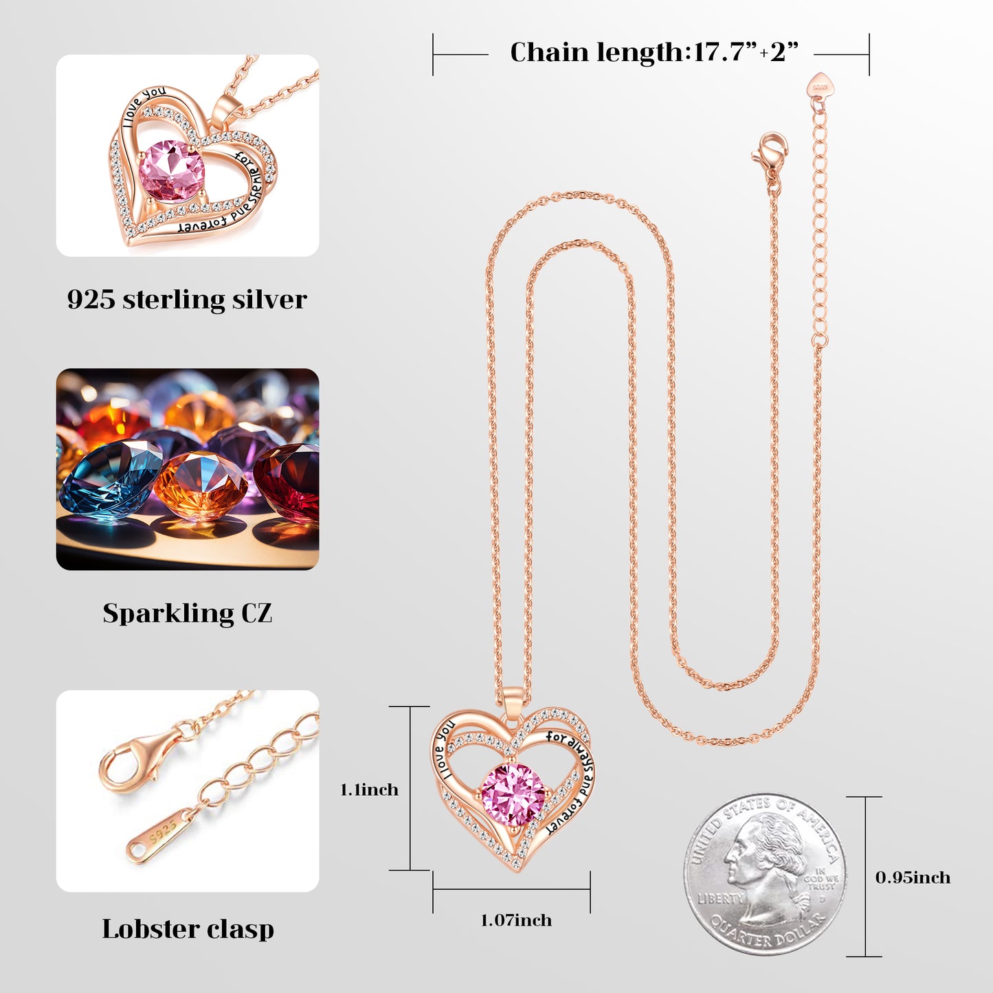 Kruckel October Birthstone Crystal Necklace for Women, Infinity Love Double Heart Pendant paved with Crystals and engraved with I love you for always and forever, Birthday Jewelry Gift for Her Mom Wife